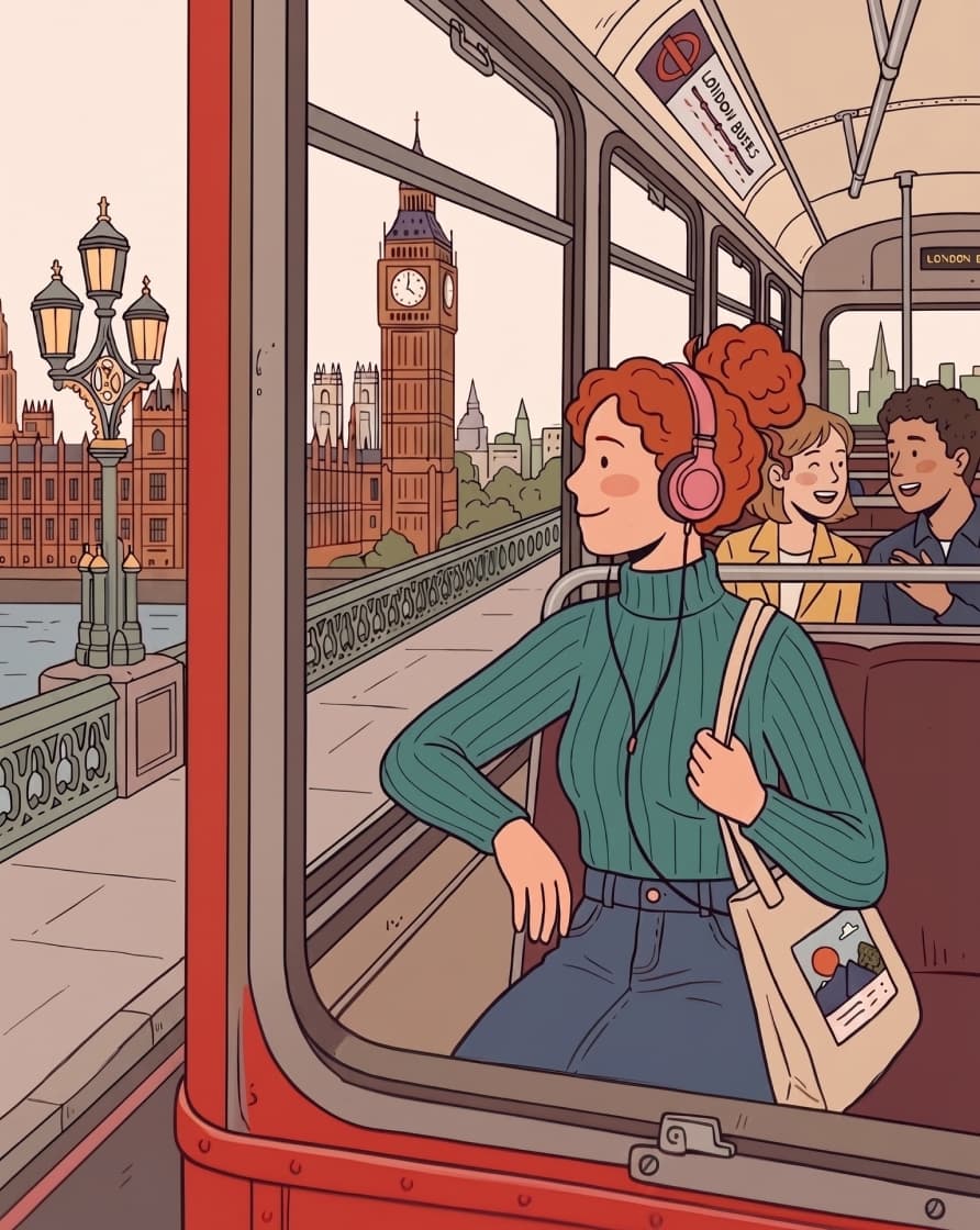 A passenger on a London bus wearing headphones, looking at the Brambling app on her phone, with Big Ben visible through the window.